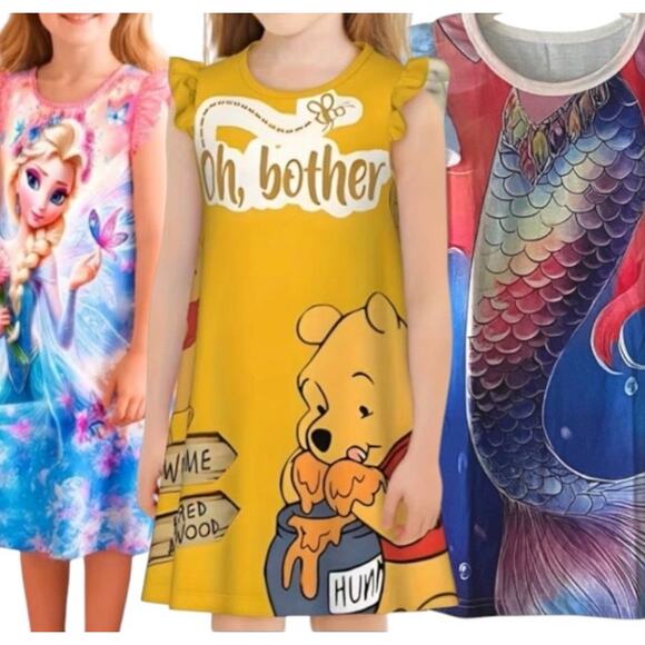 NWT ~ Set/3 Disney Nightgowns Elsa Winnie Pooh & Mermaid Nighties Girls 8-9 yrs - Picture 1 of 7